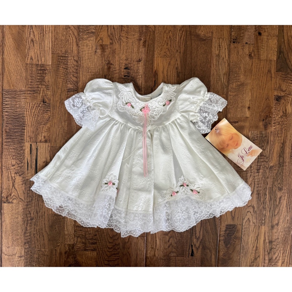 Jo Lene Vintage Baby Dress 18M White Lace Pink Roses NWT Made in USA